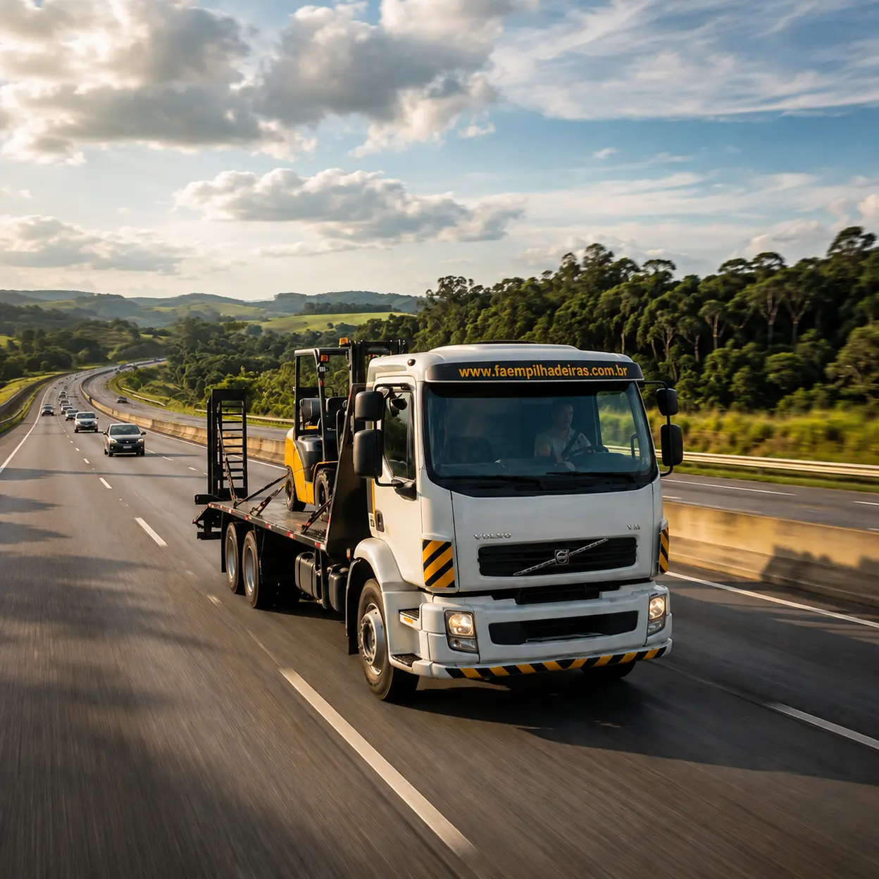 Caminhão de entrega F.A. Empilhadeiras transportando empilhadeira em rodovia
